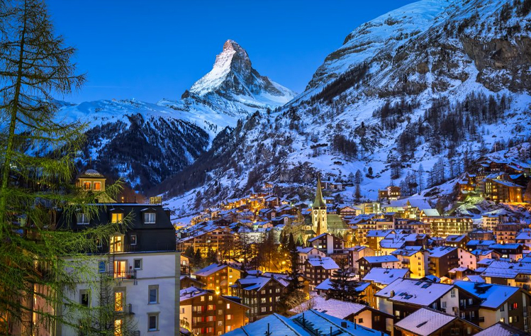 Beautiful Swiss mountains after sunset